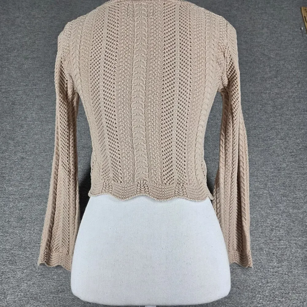 PINK ROSE WOMEN'S CROPPED KNIT SWEATER SIZE SMALL BEIGE TEXTURED CABLE OPENWORK